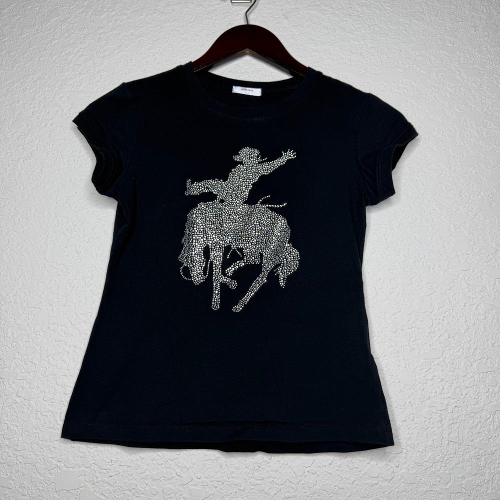 Doublemax USA Y2K Rhinestone Cowgirl TShirt Black Western Baby Tee Size S/M